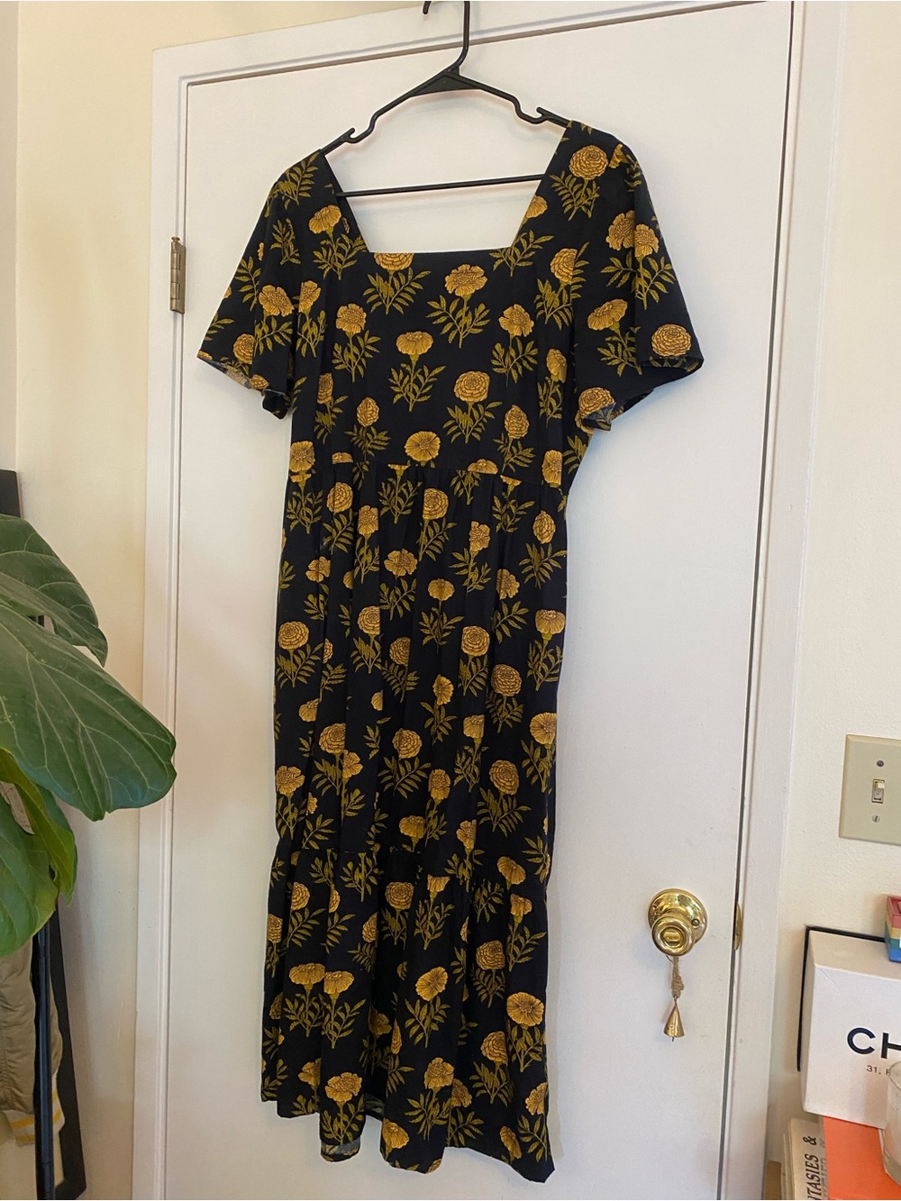 Joanie Black Maxi Dress with Mustard Floral Print and Square Neck